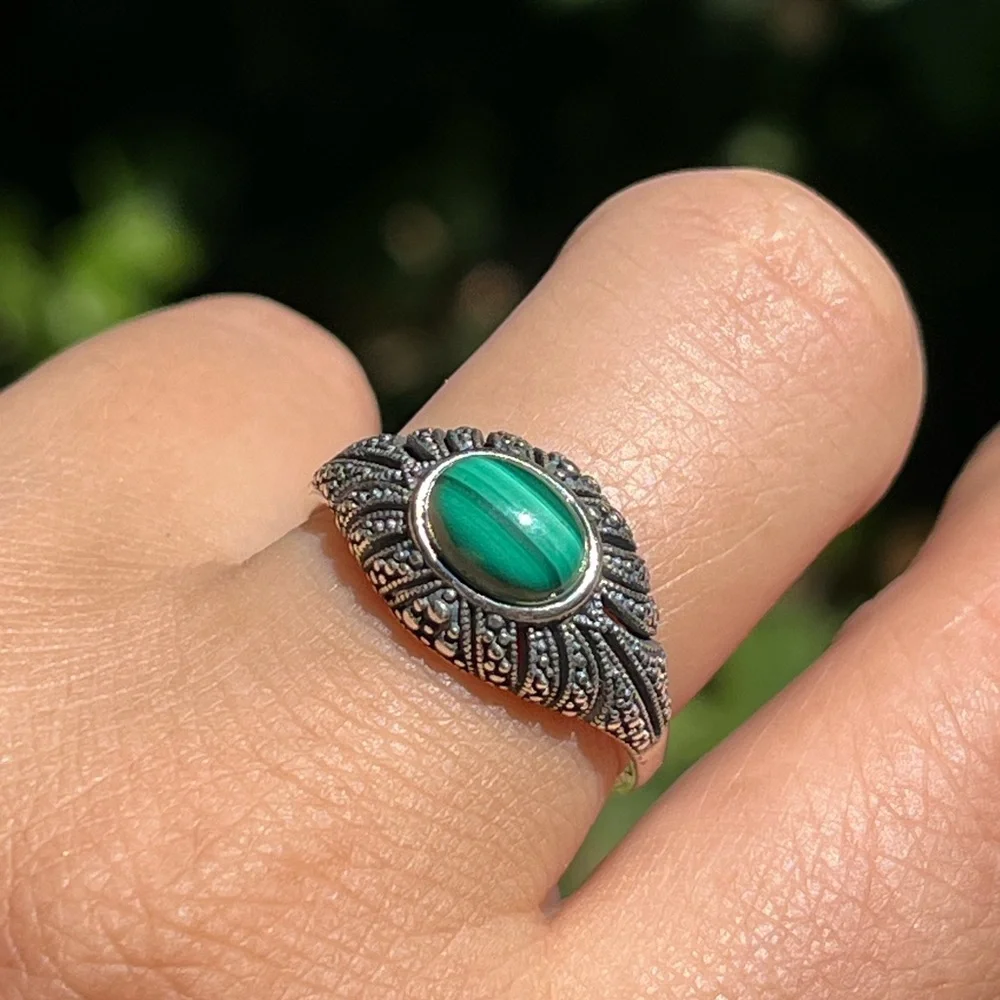 Sterling silver adjustable natural malachite ring‎